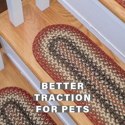 Homespice Chester Jute Braided Stair Treads for Wooden Steps, Country Cabin Decor, Set of 13, Red 8x28 Rectangle Rug for Stairs - Easy to Clean, Tightly Stitched and Durable