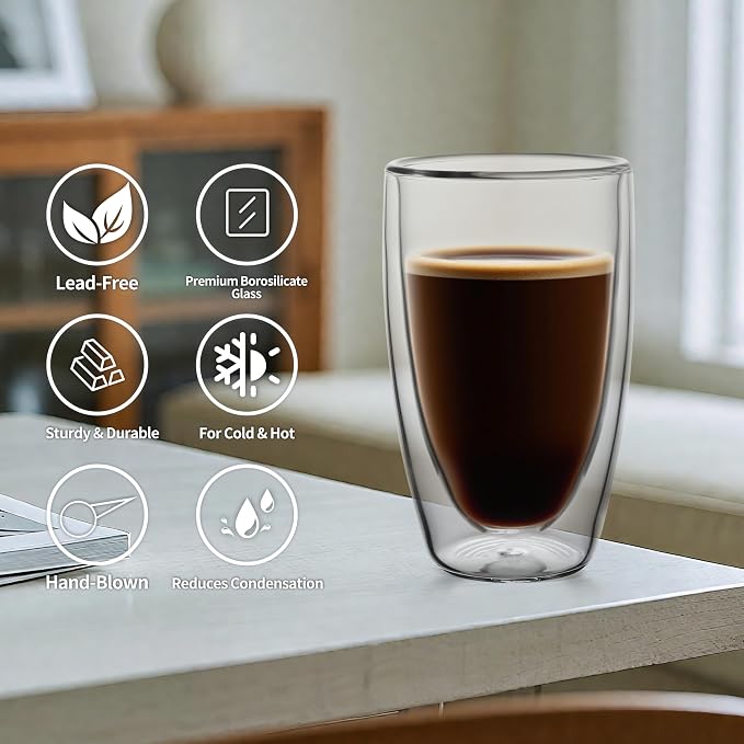 NIRA.Z 2 Pack 16oz Double Wall Glass Coffee Mugs, No Hole Bottom, Insulated - Image 5
