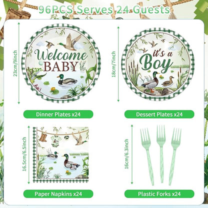 96 Pcs Mallard Duck Baby Shower Decorations, Welcome Baby Boy Cute Watercolor - Image 2