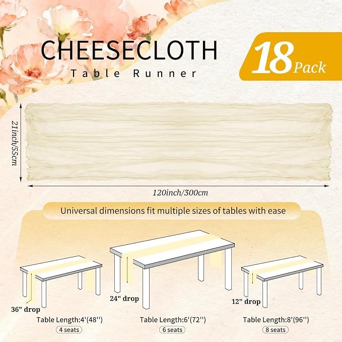 18 Pack Cheesecloth Table Runner 10FT Beige Table Runner Boho Gauze Cheese - Image 2