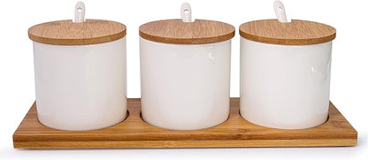 Lucky Goddness June Sky Ceramic Food Storage Containers with Bamboo Lid- Modern Design Porcelain Jar- Perfect Canister for Sugar Bowl Serving Tea, Coffee, Spice- Condiment Pot 8 oz, white