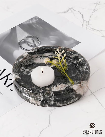 Marble Jewelry Dish 5 Inch Handmade Black Small Trinket Dish, Necklace & Ring Holder for Vanity Decor Accessories, Candle Plate, Key Bowl & Perfume Organzier, Gifts for Women