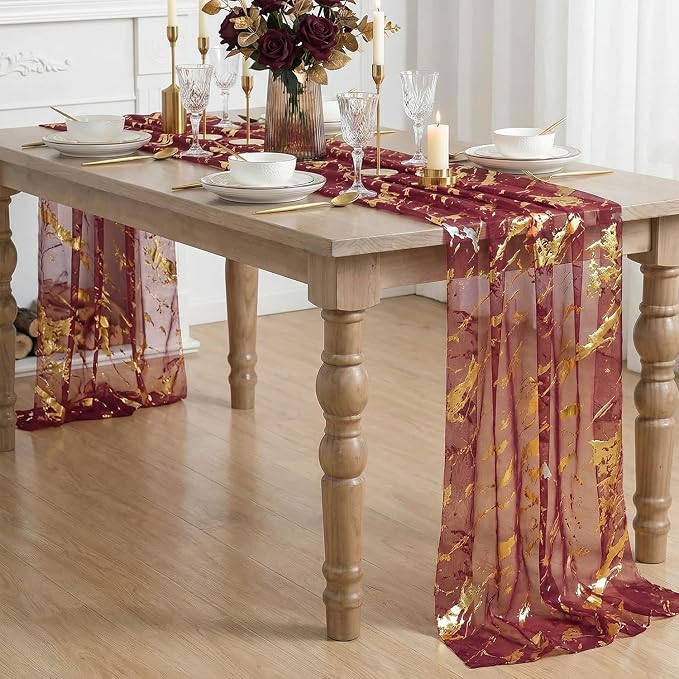 Artoid Mode Marble Pattern Burgundy Gauze Table Runner 10FT, Glitter Metallic - Image 3