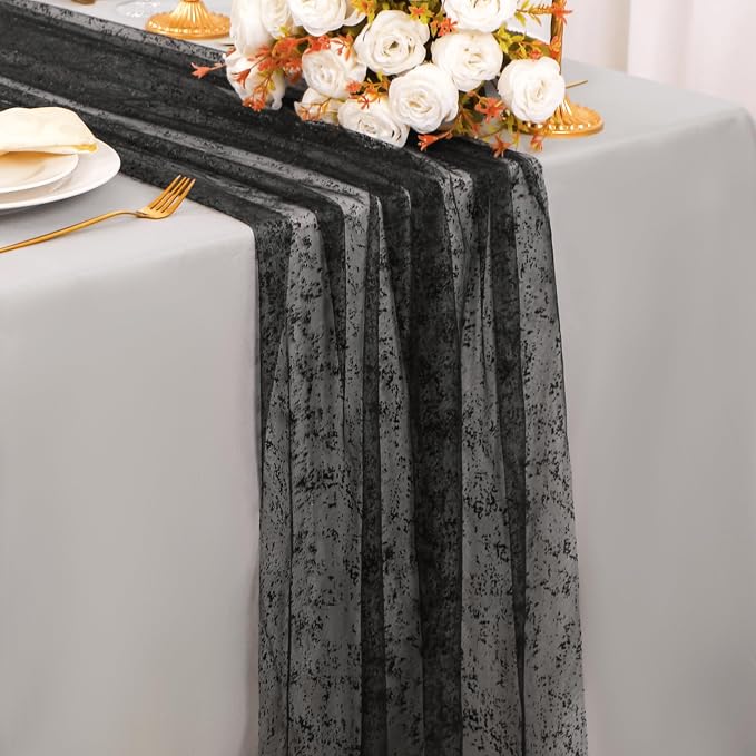 Snowkingdom Black Table Runner, 10FT Sheer Tulle Gauze Metallic Mesh Foil Table by Snowkingdom