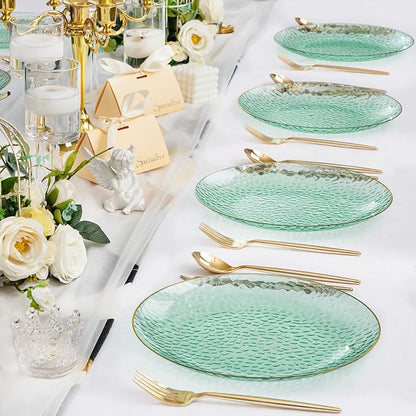 DaYammi 60PCS Green Gold Plastic Plates - 10 inch Green Plastic Dinner Plates - Hammer Pattern Design - Fancy Disposable Plates Ideal for Wedding & Party