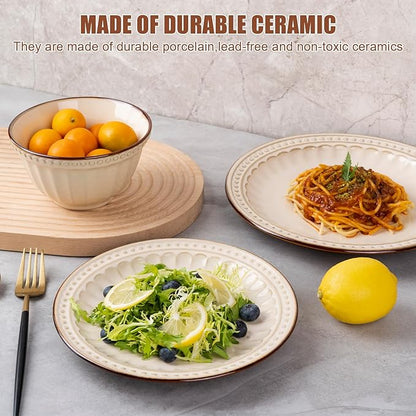 Dinnerware Set Cream White 12 Pieces Service for 4, Stoneware Plates and Bowls Set Stoneware Set, Dishwasher Microwave Safe Dishes set