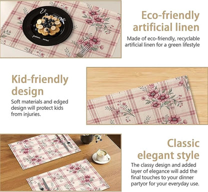Colorful Floral Spring Plastic Placemats Set of 6 Cute Flowers Pink Place Mats Washable Kitchen Dining Linen Table Mats Stain Heat, for Home Party Indoor 12x18 in