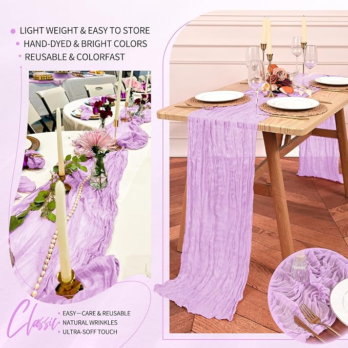 Showgeous 2 Pack Lilac Cheesecloth Table Runners Boho Wedding Decor | Rustic - Image 5