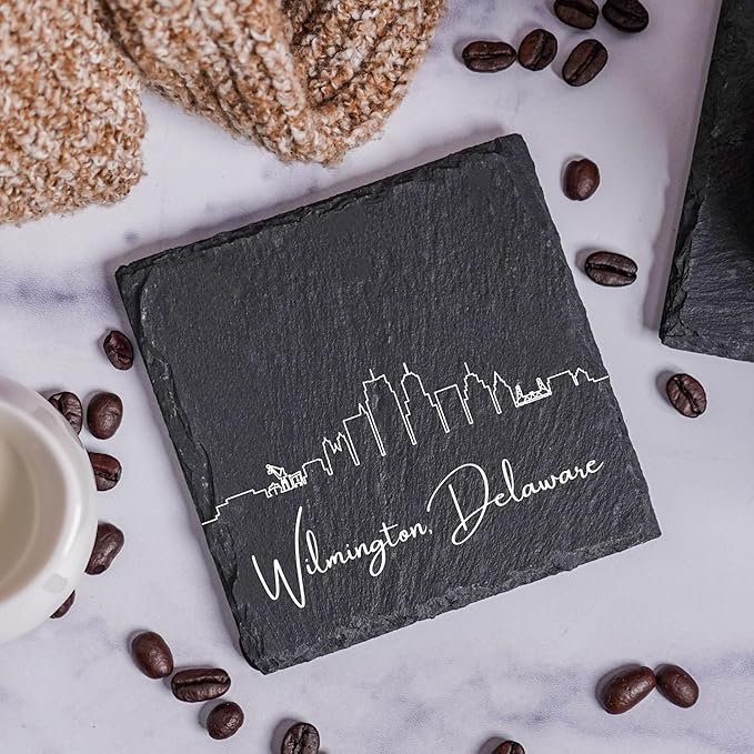 Blue Ridge Mountain Gifts - Wilmington DE Skyline Coasters, Set of 4 - Wilmington Delaware Souvenir, Slate Coasters with Minimalist Skyline, Housewarming Gift for Friends, & Neighbors Square