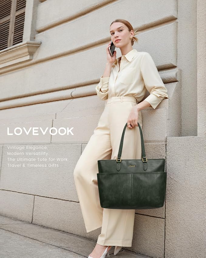 LOVEVOOK Work Tote Bags for Women, Vintage Leather 15.6 Inch Laptop Bag - Image 2