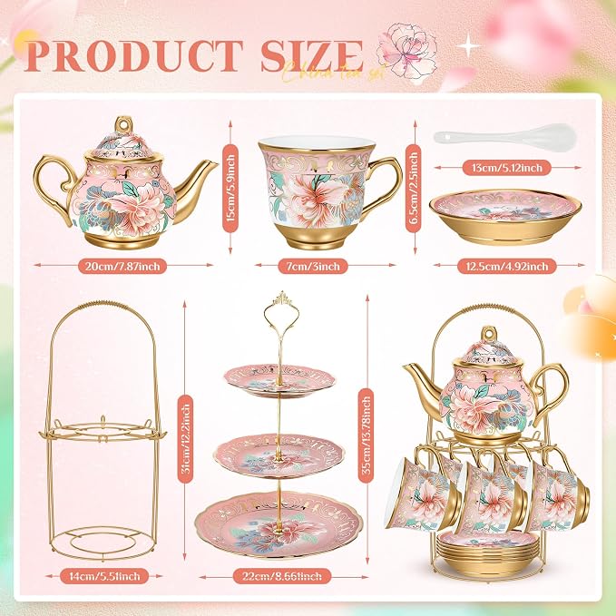 21 Pcs Ceramic Teapot Set Vintage Porcelain Tea Cups - Image 2