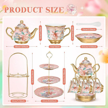 21 Pcs Ceramic Teapot Set Vintage Porcelain Tea Cups - Image 2