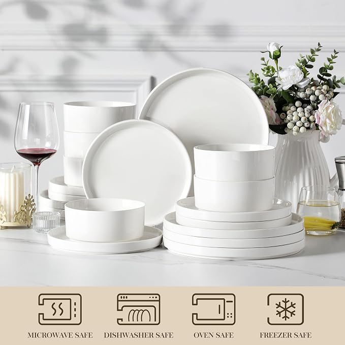 MALACASA 18 Pieces Porcelain Dinnerware Set, Modern White Dish Set - Image 4