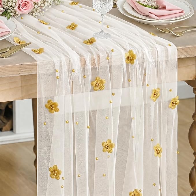 Artoid Mode Yellow Flower Pearl White Gauze Table Runner 10FT, Seasonal Sheer by ArtoidMode