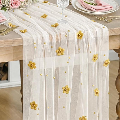 Artoid Mode Yellow Flower Pearl White Gauze Table Runner 10FT, Seasonal Sheer by ArtoidMode