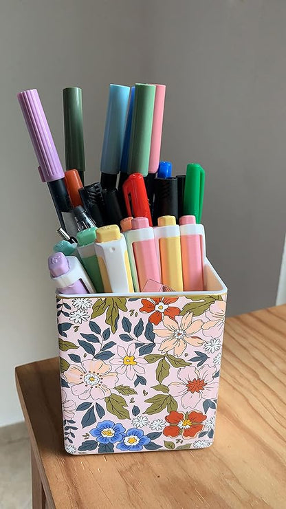 Pen Pencil Holder, Makeup Brush Holder,Ceramic Remote Control Holders Organizer with 2 Compartment Floral Multi-functional Office Organizers Storage Caddy Desk Tv Remote Holders Pink Flowers