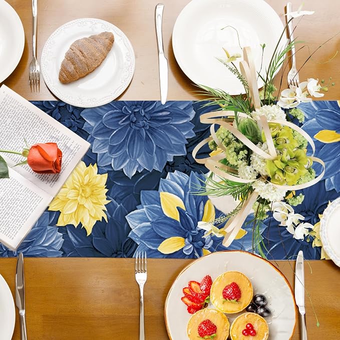Blue Yellow Dahlia Flower Summer Table Runner Blue Yellow Gray Burlap Table - Image 8