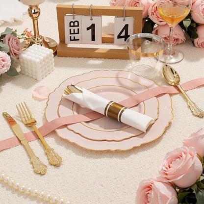 Liacere 350PCS Pink Plates Disposable-PinK Plates 50guest Baroque Plastic Dinnerware include 100Plates, 50Pack Pre Rolled Napkins with Silverware 50Cups Perfect for Valentine's Day＆Galentines Day