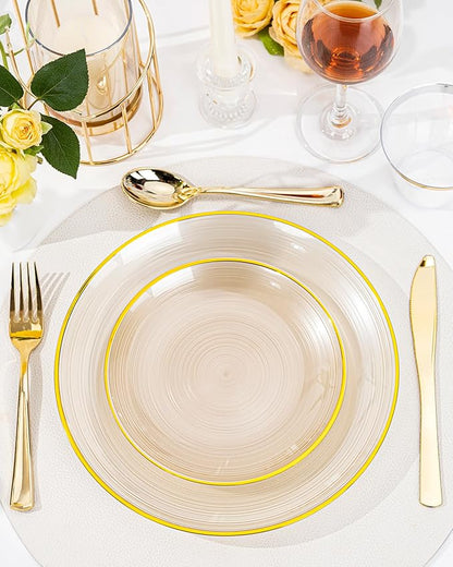 Morejoy 100Pcs Brown Plastic Plates, Clear Coffe Disposable Plates With Gold Rim,Heavy-Duty Brown Plates, Gold Dinnerware Set Include 50 Dessert-plates,50 Dinner-plates for Party & Christmas
