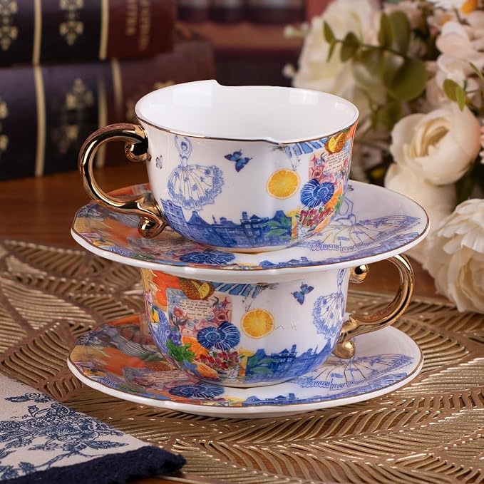 KAMMAK Tea Cups and Saucers Set of 2, Fine Bone China Coffee Cups, 584N | - Image 4