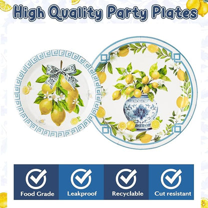 96Pcs Chinoiserie Vase Lemon Party Plates Supplies Capri Lemon Blue White Vase - Image 3