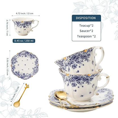 TATSUMI Country Roses Bone China Tea Cup and Saucer Set, 6 Pieces, Vintage Style - Image 2