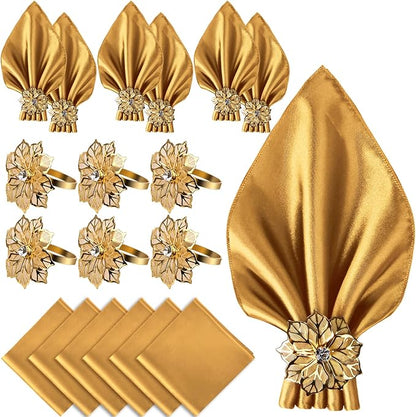 12 Pack Gold Napkin Rings and Cloth Napkins Set of 6, 17x17 Satin Cocktail by CROWNGUIDE