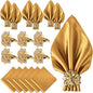 12 Pack Gold Napkin Rings and Cloth Napkins Set of 6, 17x17 Satin Cocktail by CROWNGUIDE