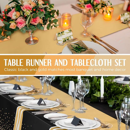 24 Packs Black and Gold Disposable Plastic Tablecloths and Satin Table Runner - Image 5