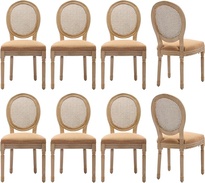 Vintage French Rattan Dining Chairs Set of 8, Round Back Accent Chairs with Rattan Backrest and Upholstered Linen Seat, Solid Wood Frame Sillas de Comedor for Dining Room & Kitchen, Camel