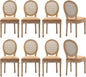 Vintage French Rattan Dining Chairs Set of 8, Round Back Accent Chairs with Rattan Backrest and Upholstered Linen Seat, Solid Wood Frame Sillas de Comedor for Dining Room & Kitchen, Camel