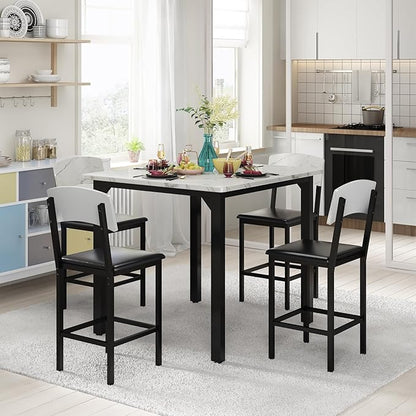 AWQM 5-Piece Dining Table Set, Dining Table Set for 4, Counter Height Table & 4 Bar Stools, Modern Kitchen Dining Set, with Upholstered Chairs, Compact Dining Set for Small Spaces, Marble Texture