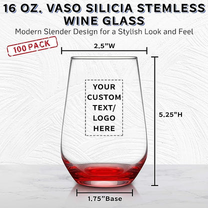 DISCOUNT PROMOS 100 Vaso Silicia Stemless Wine Glasses Set, 16 oz. - Personalized Text, Logo - Clear, Orb-Like, Thick base - Red