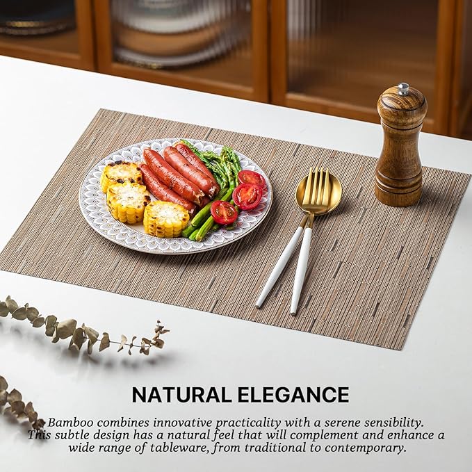 LEXMORE Placemats Set of 12 Vinyl/Plastic Woven Place Mats for Kitchen Table Indoor/Outdoor Washable Placemat Wipeable Dining Table Mats(Light Brown)