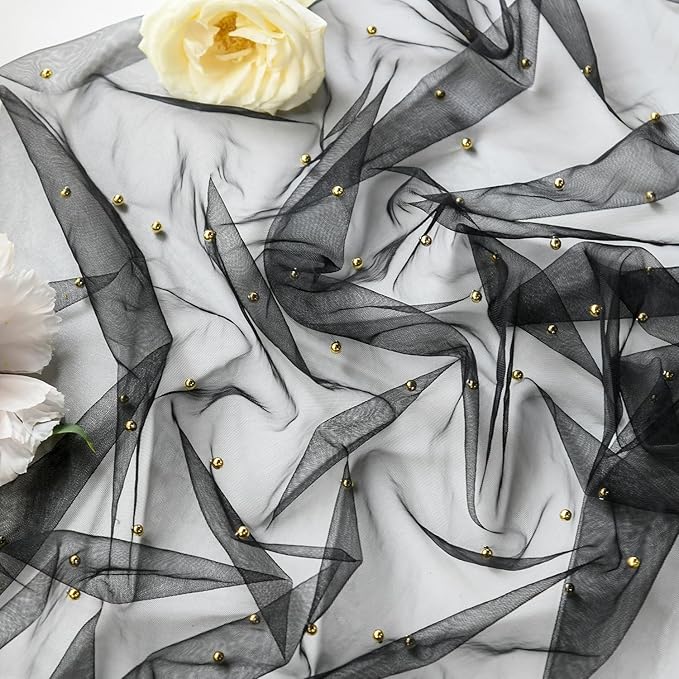 Artoid Mode 10PCS Pearl Black Gauze Table Runner 120 Inch 10FT, Seasonal Sheer Dining Holiday Wedding Birthday Baby Shower Table Decor for Home Party