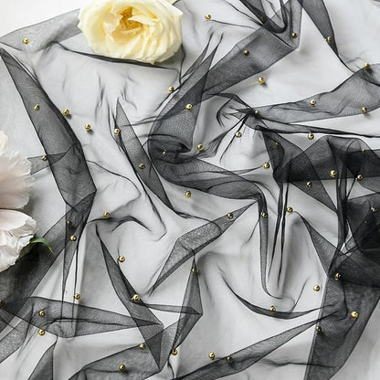 Artoid Mode 10PCS Pearl Black Gauze Table Runner 120 Inch 10FT, Seasonal Sheer Dining Holiday Wedding Birthday Baby Shower Table Decor for Home Party