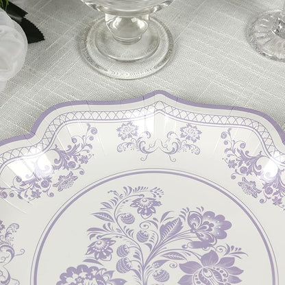 50 Pack 8" White Lavender Lilac French Toile Dessert Plates, Disposable Round Paper Floral Pattern Appetizer Salad Plates 300 GSM for Party Decoration