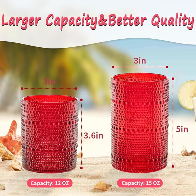 XKXKKE Red Hobnail Beaded Drinking Glasses Set of 12, 12 oz & 15oz Vintage - Image 5