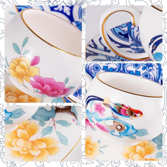 KAMMAK Tea Cups and Saucers Set of 2, Fine Bone China Coffee Cups, GH015 | - Image 8