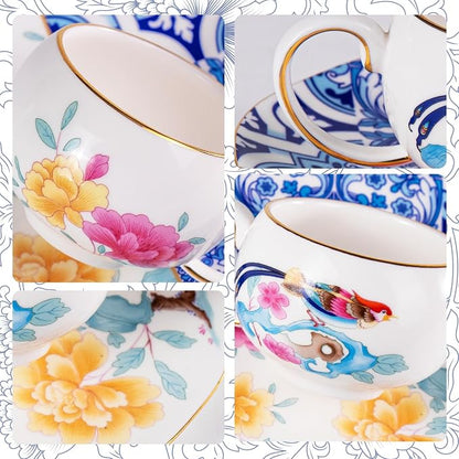 KAMMAK Tea Cups and Saucers Set of 2, Fine Bone China Coffee Cups, GH015 | - Image 8