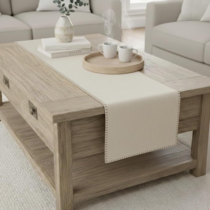 Dining Table Runner with Decorative Stitch at Edge Cotton Short Dresser Scarf - Image 2