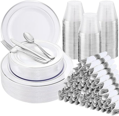 WELLIFE 700 Pcs Silver Plastic Plates for 100 Guests -Party Supplies Includes 200 Silver Plates,300 Plastic Silverware,100 Napkins,100 Cups for Party and Wedding