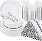 WELLIFE 700 Pcs Silver Plastic Plates for 100 Guests -Party Supplies Includes 200 Silver Plates,300 Plastic Silverware,100 Napkins,100 Cups for Party and Wedding