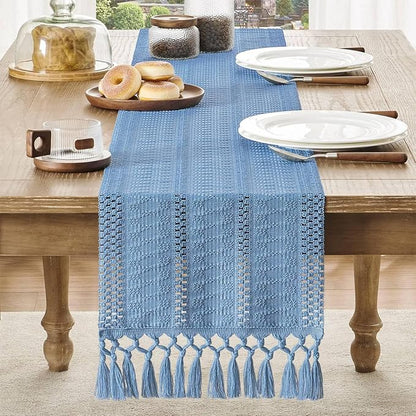 Boho Table Runner for Blue Tassel Home Decor 108 Inches Long, Modern Farmhouse - Image 2