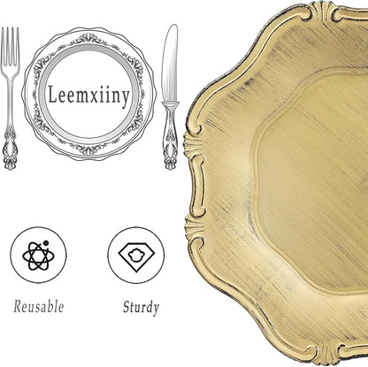 Gold Charger Plates Set of 6, Decorative Table Plastic Chargers for Dinner Plates, Party, Wedding, Thanksgiving, Christmas, 22G