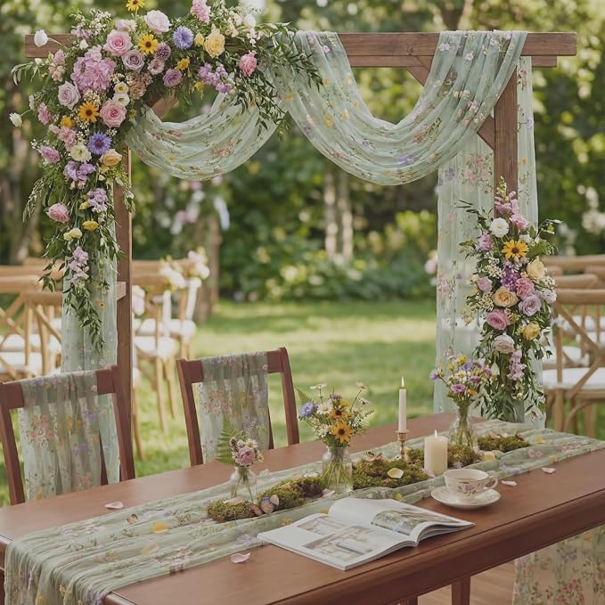 Sage Green Floral Table Runner 10ft Embroidery Tulle Spring Wildflower Table - Image 3