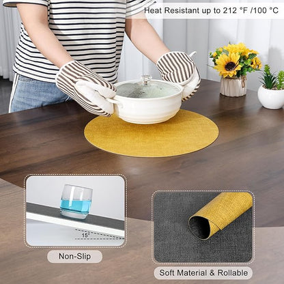 Myir JUN Round Placemats, Dual Sided Faux Leather Place Mats Set of 4 Indoor/Outdoor Non-Slip Washable Table Mats (Gray Yellow)