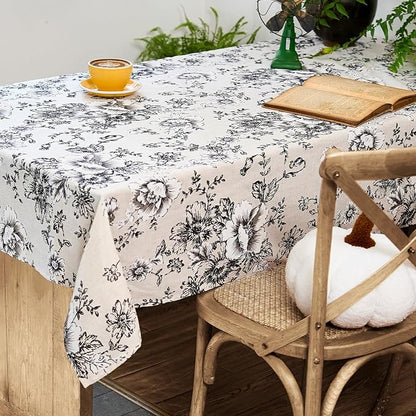 jinchan Black Floral Linen Blend Rectangle Table Cloth 52 x 70 Inch | Farmhouse - Image 3