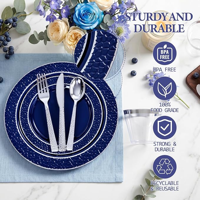 Ciaell 150 PCS Blue and Silver Plastic Plates - Image 2