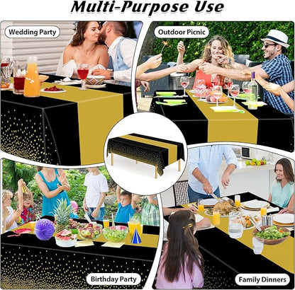 4Pack Black and Gold Tablecloths for Events, 54" x 108" Plastic Table Cloth Disposable for Rectangle Tables, Waterproof Table Cloth Cover for New Years Eve Decorations Holiday Birthday Wedding Dining